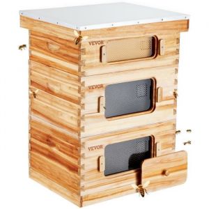 VEVOR Ruche d'abeilles, 30 Cadres, Bois de cèdre Enduit de Cire d'abeille, 2 boîtes Profondes 1 Moyenne, kit Ruche Langstroth, fenêtres Acrylique Transparent fondations pour apiculteurs Pro débutants