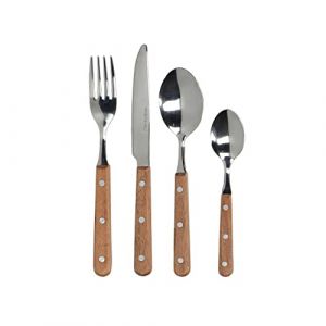 Ensemble de couverts Mikasa de 16 pièces, couverts en acier inoxydable avec manches en bois, ensemble de couverts argentés polis, fourchettes de table, couteaux de table, cuillères à dessert et cuillères à café, collection Drift, 1 ensemble
