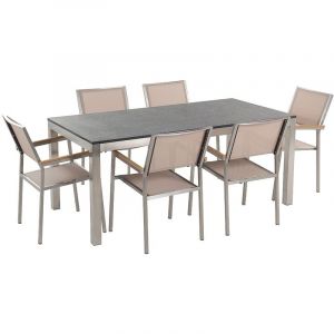 Beliani Table de jardin en plateau granit noir 180 cm et 6 chaises en textile beige GROSSETO