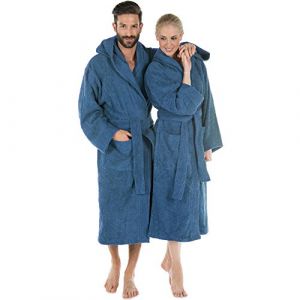 CelinaTex Montana Peignoir De Bain Capuche De Couleur Unie Longue Poches Appliqu&eacute;es Surpiq&uacute;re Femme Homme Unisexe Pur Coton M bleu
