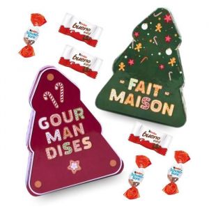 2 boites sapin de Noël rouge et verte garnies de chocolats Kinder Schokobons et Mini Bueno
