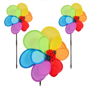 Relaxdays Moulin à Vent, Lot de 3, HxLxP : 69 x 32,5 x 11,5 cm, 2 Roues avec Coccinelle, décoration de Jardin, coloré