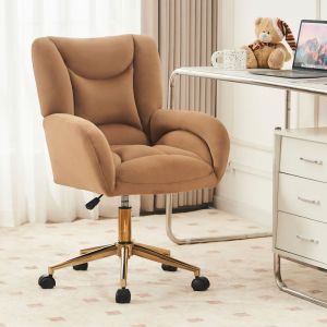 Chaise de bureau 64x62x92.5cm - chaise pivotante à hauteur réglable en tissu velours - pieds dorés - marron