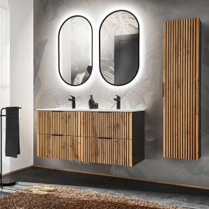Ensemble meuble double vasque encastrée 120cm miroirs LED et colonne Gaia Bois et Noir