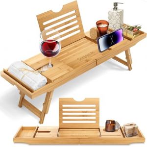 SereneLife Combo Plateau Baignoire/Petit-Déjeuner - Plateau Salle de Bain en Bois de Bambou Naturel Imperméable pour Baignoire et Lit avec Bras Pliables Coulissants - Planche de Bain