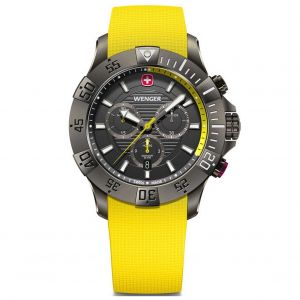 Wenger Montre pour Homme Seaforce Chrono Analogique Quartz, Chronograph, &Oslash; 43 mm, Swiss Made, &Eacute;tanche jusqu'&agrave; 200 m, Noir/Jaune, Bracelet en Silicone Jaune, 01.0643.129