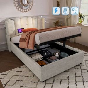 Oem Lit coffre 90x200 cm - T&ecirc;te de lit avec lampe de lecture - Bois massif - Couleur naturelle - 1 place