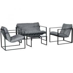 Image de Outsunny Salon de jardin 4 personnes - 4 pièces, 3 coussins - acier époxy noir polyester gris 114x70x67cm Gris