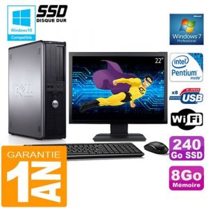 Dell Pc 780 dt intel e5300 ram 8go disque 240 go ssd wifi w7 ecran 22'