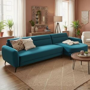 Canapé d'angle convertible avec méridienne arrondie Milord Velours Bleu canard