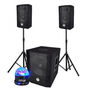 Bm sonic Système triphonique BMS 1208, Caisson bi-amplifié 1000W - USB Bluetooth, 30cm, 2 Satellites 8" 2x200W, câbles, pieds