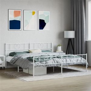 VidaXL Cadre de Lit avec Tête de Lit et Pied de Lit, Lit de Double avec Sommier à Lattes, Lit Adulte avec Rangement Chambre, Moderne, Blanc 200x200 cm Métal