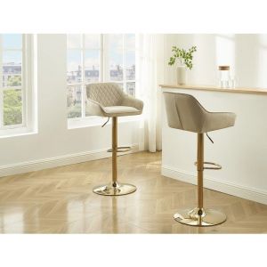 Image de Lot de 2 tabourets de bar en velours et m&eacute;tal dor&eacute; - Hauteur r&eacute;glable - Beige - TAVOA