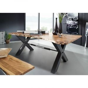 Table &agrave; manger 200x100cm - Fer et Bois massif d'acacia laqu&eacute; (Bois naturel/Anthracite) - IRON LABEL #126