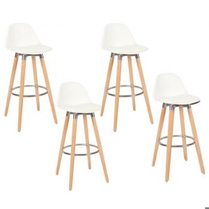 Lot de 4 tabourets blanc pieds en bois naturel 39,5x44x91cm