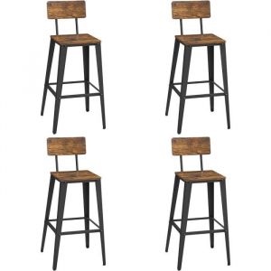 Vasagle - Tabourets de Bar Industriel, Lot de 4, Chaise Bar Cuisine, avec Dossier, Cadre en Acier, Montage Facile, Style Industriel, Marron