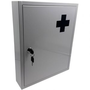 Relaxdays Armoire à Pharmacie, verrouillable, 5 étagères, H x L x P : 43 x 35,5 x 8 cm, pour médicaments, Blanc/Gris