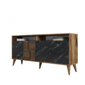 Menzzo Buffet bas 4 portes et 2 tiroirs Kaltes L160cm Bois et Effet marbre Noir