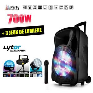 Party Light & Sound Enceinte mobile amplifiée 700W 12 LED/USB/BT/SD/FM + Micro + Pack Samba Lytor