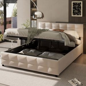 Lit coffre 180x200cm - lit double avec sommier &agrave; lattes et t&ecirc;te de lit - tissu velours hollandais beige