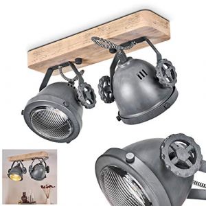 Hofstein Plafonnier Herford en bois, verre & métal gris, 2 spots de plafond retro-industriels pivotants, luminaire idéal dans un salon vintage, pour 2 ampoule GU10 max. 50 Watt, compatible ampoules LED