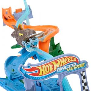 Mattel Coffret Carambolages et Collisions RacerVerse Jurassic World avec piste et véhicule miniature vélociraptor, course de dinosaures avec un spinosaure, JFP32