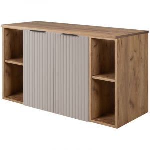 Furnidea - Meuble sous vasque suspendu FLOW CACHEMIRE 100 cm avec 2 x l'&eacute;tag&egrave;res - extensions et plan CH&Ecirc;NE - 2 portes - fa&ccedil;ades rainur&eacute;es