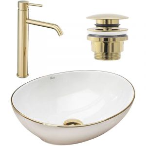Réa Set de vasque sofia gold edge + robinet de lavabo lungo gold haut + bonde gold