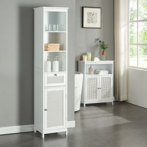 [en.casa] - Meuble colonne de salle de bain Karlsøy mdf pvc effet rotin 161 x 35 x 32 cm blanc