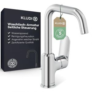 Kludi X1 robinet de lavabo avec bonde &agrave; tirette, pivotant &agrave; 360&deg;, hauteur de bec 205 mm, robinet &eacute;conomiseur d'eau de salle de bain taille L, mitigeur lavabo avec tuyaux de raccordement en chrome