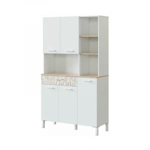 Usinestreet Buffet de cuisine ÉMILE 5 portes et 1 tiroir L108 x H186cm Blanc / Bois motif Blanc / Bois motif