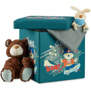 Relaxdays Tabouret pliable pour enfant avec couvercle et espace de rangement coffre jouet avec couvercle HxlxP 38 x 38 x 38 cm, ours