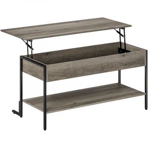 Homcom Table basse relevable style industriel - étagère - plateau relevable H.46-59 cm - métal noir effet bois gris