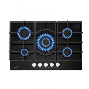Beldeko Plaque gaz 5 feux en verre noir - Br&ucirc;leurs et grilles en fonte - 10 800 Watts encastrement 56x49 cm