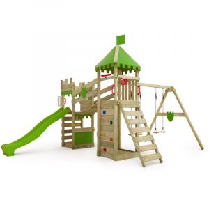 Fatmoose Aire de jeux Portique bois RiverRun avec balan&ccedil;oire et toboggan Maison enfant exterieur avec bac &agrave; sable, &eacute;chelle d'escalade & accessoires de jeux
