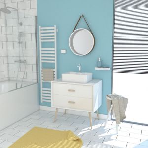 Image de Aurlane MEUBLE SALLE DE BAIN SCANDINAVE BLANC 80 CM SUR PIEDS AVEC TIROIR, VASQUE A POSER ET MIROIR ROND - NORDIK BASIS RUNT 80