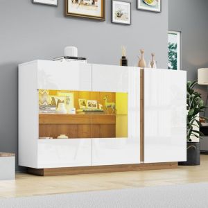 Commode - NEXU - Meuble Rangement Moderne - 3 portes - LED r&eacute;glable - Entretoises en bois - 138 x 38 x 90 cm - Blanc
