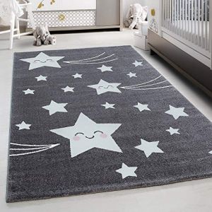 Teppium Tapis pour Chambre d'Enfant et de Bébé motif étoile souriantecouleur gris et blanc 120 cm Rond