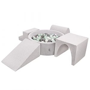 KiddyMoon Aire De Jeux En Mousse Avec Rond Piscine À Balles (300 Balles) Pour Enfants, Gris Clair: Blanc/Gris/Menthe - gris clair: blanc/gris/menthe