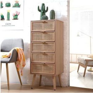 Calicosy Chiffonnier 5 tiroirs façades en rotin naturel - L37 x H100 cm