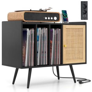 COSTWAY Meuble Vinyle avec Prise, Rangement Vinyle pour 220 Albums, Rangement CD/DVD Manga, pour Salon, Chambre 80x40x65 cm Noir