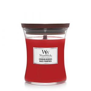 Woodwick Bougie parfumée moyenne en jarre avec mèche qui crépite, Baies pourpres, Temps de combustion jusqu'à 60 heures