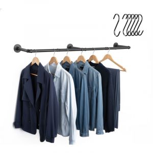 Relaxdays Tringle &agrave; v&ecirc;tements murale, 140 cm, design industriel, 6 crochets en S, chambre, couloir, noir