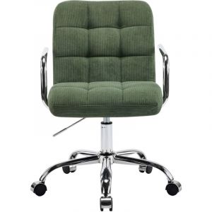 Fauteuil de bureau capitonn&eacute;, pivotant et r&eacute;glable en hauteur en velours c&ocirc;tel&eacute; vert kaki - Nolan