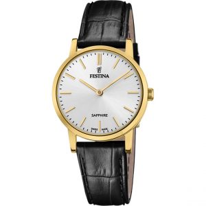 Festina Montre pour Femme F20017/1 Swiss Made Boîtier en Acier Inoxydable Doré Bracelet en Cuir Noir