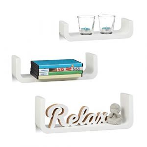 Image de Relaxdays Étagère tablette flottante murale en forme de U lot de 3 en MDF compartiment coloré 40 cm large, blanc