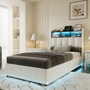 Lit coffre 90 x 200,lit 1 place avec sommier,lit 90x200 avec LED et multiprise,lit hydraulique,cadre de lit 90x200 avec sommier &agrave; lattes en