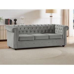 Canapé 3 places convertible en velours gris clair CHESTERFIELD