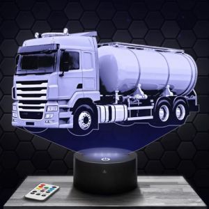 Lampe 3D - Camion Citerne - Jouet Miniature Cadeau Camion Citerne - Veilleuse Led Tactile avec socle au choix et télécommande