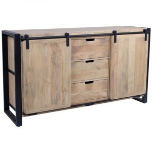 Vente-unique - Buffet avec 2 portes et 3 tiroirs en bois de manguier et métal - Naturel et noir - harlem ii